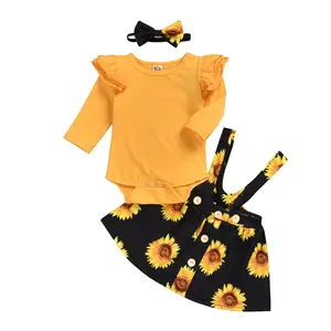 वसंत प्रिंट सूरजमुखी 2pcs सेट बच्चों के कपड़े फूल बच्चा लड़कियों के कपड़े