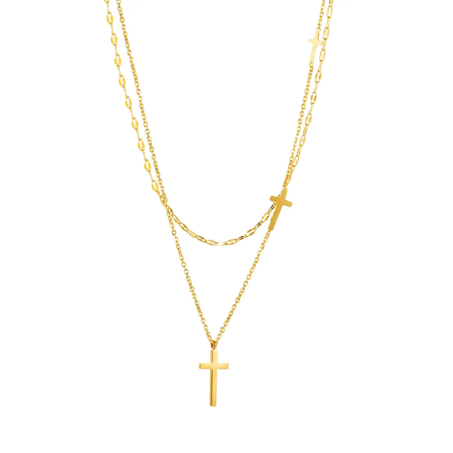 Ins Amazon 18K Gold Plated Minimalist Christian Stainless Steel Double Layered Cross Pendant Necklace For Women Men