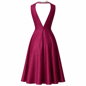 <span class=keywords><strong>Abito</strong></span> da festa formale <span class=keywords><strong>midi</strong></span> da donna personalizzato in misto lino e cotone <span class=keywords><strong>fucsia</strong></span>, con scollo all'americana, girocollo, decorazioni in strass, senza maniche e vita aderente - Product Image 5