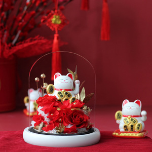 Poupée chat porte-bonheur en céramique cadeau saint valentin avec affichage dôme en verre <span class=keywords><strong>rose</strong></span> préservé pour la décoration de bureau à la maison anniversaire de mariage - Product Image 3