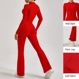<span class=keywords><strong>Combinaison</strong></span> de yoga pour femme avec demi-zip personnalisée, manches longues, sexy, coupe bootcut, body athlétique amincissant et rehausseur de fessier pour la gym, pantalon évasé - Product Image 4