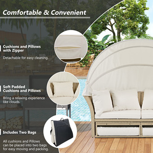 Outdoor Patio Daybed Wicker Rattan Round Sofa with Retractable <b>Canopy</b> 4 Pillows for Garden Lawn - Product Image 5