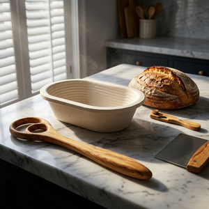 Kit de Cuisson au Levain 4 Pièces en Bois d'Olivier Durable : Fouet Danois, Couteau à Pain, Moule à Pain en Bois (Brotform) pour Panier, Grattoir à Pâte et Revêtements - Product Image 3