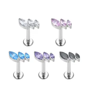 G23/ASTM F136 Titanium 3 CZ Blaze Set Tops Ear Stud Colorful crystal Stone Nose Piercing Hot Labret Lip Stud Piercing Jewelry