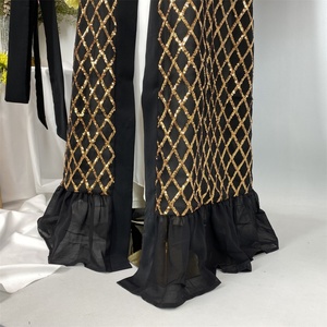 Luxury Sparkle Gold <b>Sequins</b> Stitching Chiffon Bottom Elegant Cardigan Popular Eid Muslim Modest Women Abaya 1863# - Product Image 4