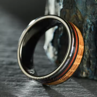 Gentdes Jewelry New Design Red Fishing Line and Abalone Inlay Tungsten Band for Men Whiskey Barrel Wood Ring