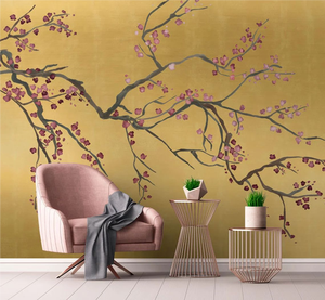 Carta da Parati Dorata di Lusso con Stampa Personalizzata Chinoiserie a Motivo Botanico e Animale, Design Murale Decorativo per Casa, Hotel e Soggiorno - Product Image 1