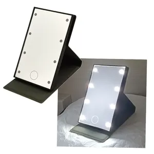 Saiyyi Chất lượng cao xách tay hình chữ nhật LED Pocket Gương Gấp 8 đèn PU da bảng Vanity tay gương với đèn LED