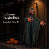 Décoration d'Halloween suspendue SIPKLR : Fantôme à visage de citrouille, mains orange, gaze vert foncé pour porte et mur, idéal pour les fêtes