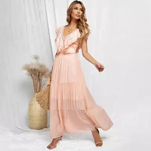 Wholesale make your own brand vestidos Women's Elegant Wedding Dresses Pink Lace Splicing Ruffled Deep V Ladies Prom Dress