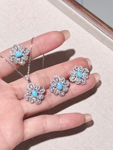 Conjunto de Joyería UM de Plata 925 con Turquesa Oasis del Norte de África y Circonita Blanca (Pendientes+Colgante+Anillo) para Uso Diario Unisex - Product Image 1