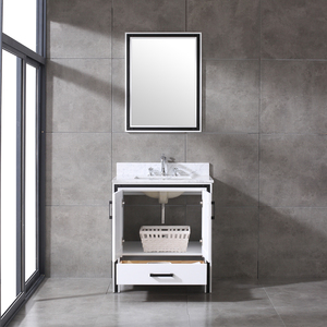 Industrial White Wooden <b>Freestanding</b> Bathroom Vanity <b>Unit</b>, Marble Top Wash Basin Cabinet with Framed Mirror for Home & Hotel - Product Image 3