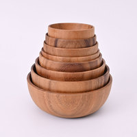 Bol de service rond en bois d'acacia pour salades, fruits, aliments, collations, fait main, en bois sculpté, pour la maison, les fêtes, les restaurants modernes, >10