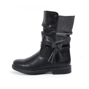 أحذية جلدية سوداء لامعة للفتيات مع ربطة فيونكة وسحاب - Product Image 1