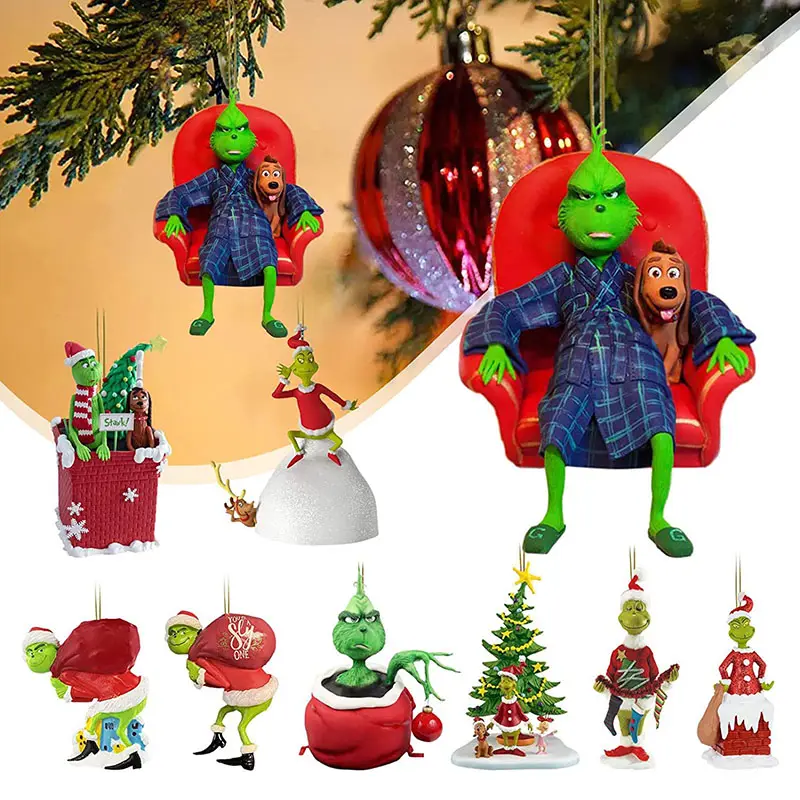 Gran oferta de adornos para árboles de Navidad, colgante de monstruo verde acrílico, adornos navideños planos para decoración de fiesta de Navidad