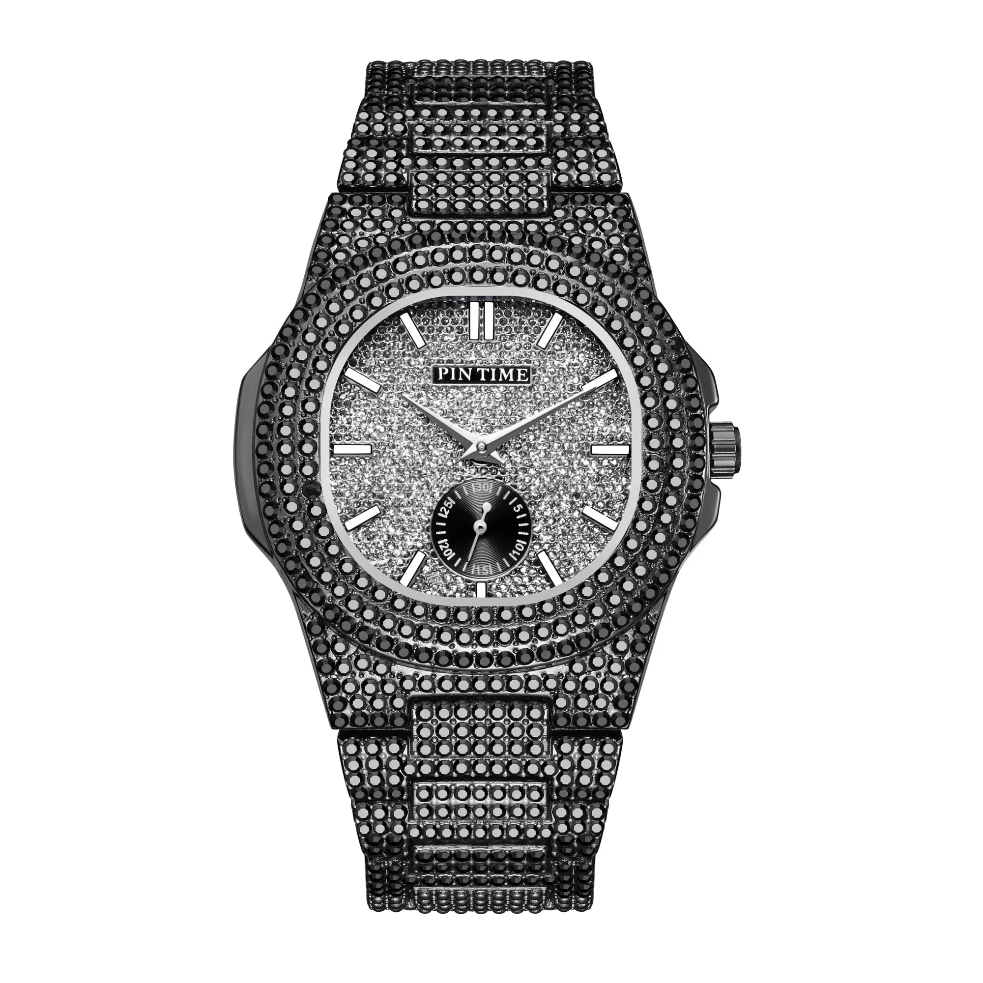 メンズ時計 針pt2548-1ヒップホップ男性ラウンド時計cz石英高級メンズ腕時計