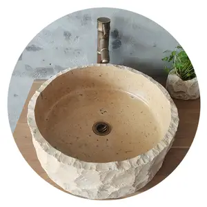 European Style Bathroom Countertop Natural Beige Travertine Marble Stone Hand Washing Basin Sink For Sale