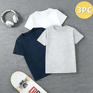 Set di 3 <span class=keywords><strong>T</strong></span>-<span class=keywords><strong>Shirt</strong></span> Casual per Ragazzi in 100% Cotone, Collo Tondo, Manica Corta, Traspiranti, Blu Navy, Bianco e Grigio, per 4-13 Anni - Product Image 1