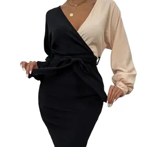 Женское офисное платье из полиэстера, винтажное двухцветное облегающее офисное платье с рукавами и поясом, Новинка