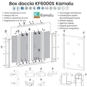 Box Doccia Kamalu KFN6000SN 90x190 con Doppia Porta Scorrevole, Telaio Nero, Vetro Smerigliato 8mm, Impermeabile, Walk-In per Bagno - Product Image 3