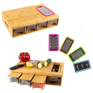 Household Rectangle Large Bamboo Chopping Blocks With Trays Draws Wood cutting board with 4 storage removable drawer