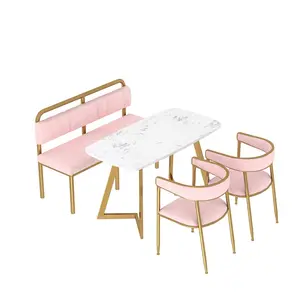 Juego de sillas de mesa de cafetería de mármol de lujo moderno, venta al por mayor, sillas de terciopelo rosa, marco de Metal dorado, restaurantes, bares, tela barata