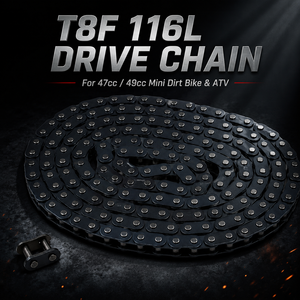 Chaîne de transmission T8F 116 maillons pour moteurs 2 temps 43cc 47cc <span class=keywords><strong>49cc</strong></span> 50cc SSR SX50 Coolster ATV SYX Moto Holeshot X-Pro Mini Chopper <span class=keywords><strong>Pocket</strong></span> <span class=keywords><strong>Bike</strong></span> - Product Image 1