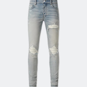 Jeans ajustados de <span class=keywords><strong>hombre</strong></span> 2026 azul claro, estilo motero, con lavado pesado y rotos, pantalones vaqueros retro de streetwear - Product Image 1