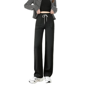 Black Drawstring Straight Sports <strong>Pants</strong> <strong>Women's</strong> Spring Relaxed-fit Petite High Waist Loose Slimming Vintage Wide-leg Polyester - Product Image 2