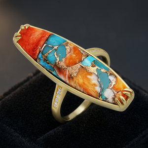 Anillo Gourik Oyster de Cobre Turquesa con Piedra Preciosa Art Deco, Plata 925 con Baño de Oro, Engaste de Bisel, Joyería Bohemia Unisex para Regalo - Product Image 3