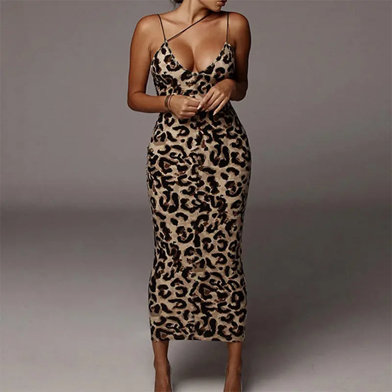 Summer 2023 new V-neck halter straps elegant midi long dresses and prom gowns evening womens dresses sexy long skirt leopard