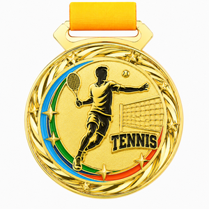 Médaille de sport en alliage de zinc découpée sur mesure avec ruban bleu, plaquée or, pour compétition de natation - Product Image 1
