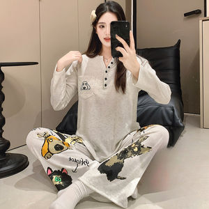 1202 #   Pijamas Blancos y Grises para Mujer - Temporada de Primavera, Algodón Colorido, Jersey Sencillo <span class=keywords><strong>con</strong></span> Cuello en V - Product Image 2