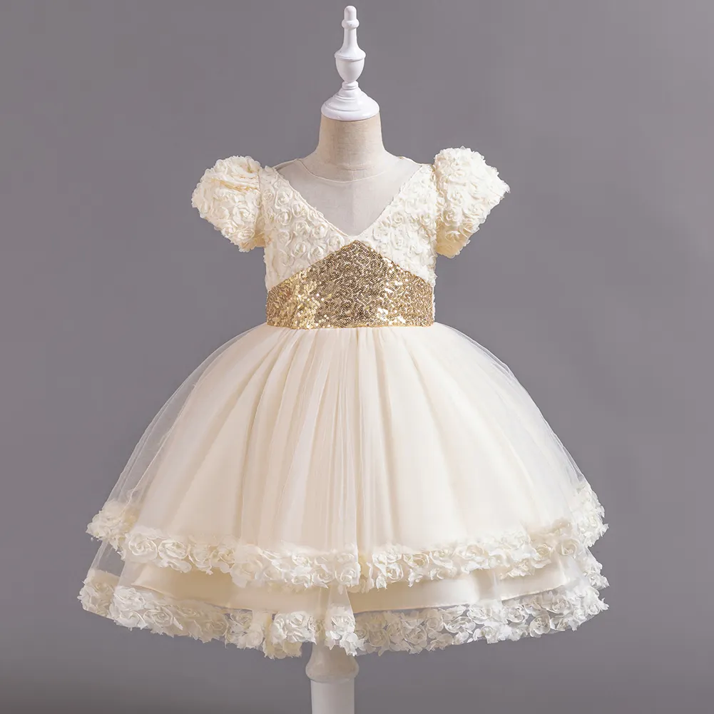 2024 yeni çocuk topu kıyafeti çiçek kız elbise lüks tatlı pullu örgü küçük kızlar ck parti elbiseler
