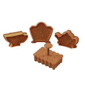 4pcs/set teacup teapot alarm clock shape 3d biscuit plunger mold fondant cookie stamp and cutter