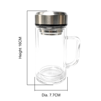 Mug à thé en verre borosilicate à double paroi de 350 ml avec logo personnalisé, avec poignée, couvercle en acier inoxydable et infuseur amovible pour la maison et le bureau