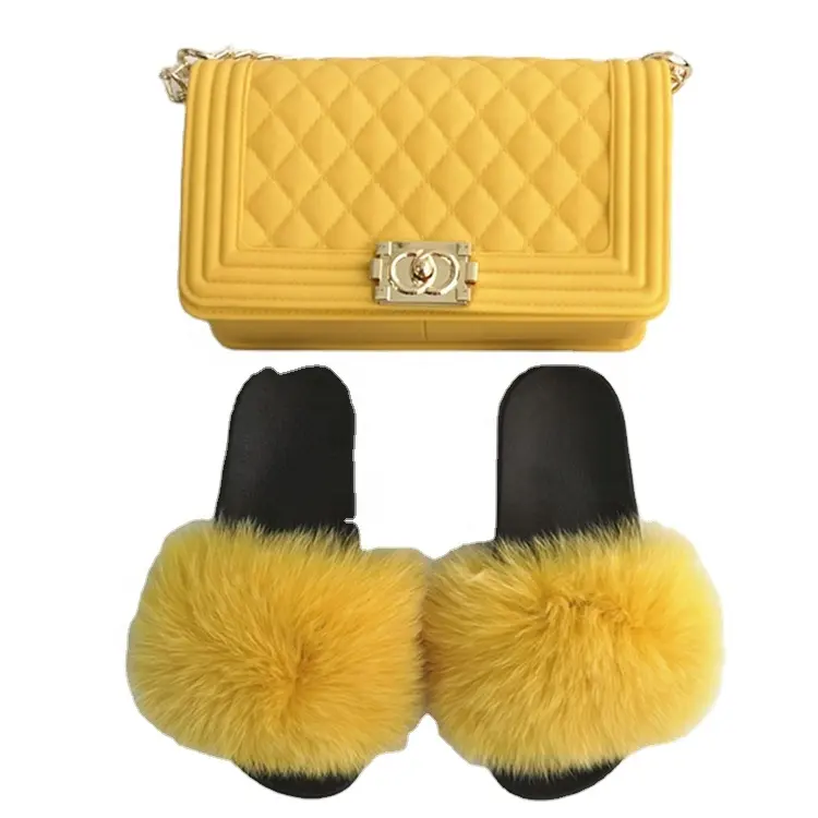 Purse And Slipper Set Yellow Fluffy Women Fur Slippers Set Handbag Furry Real Fox Fur Slides Shoes Yellow Colors Jelly Bag Purse Set