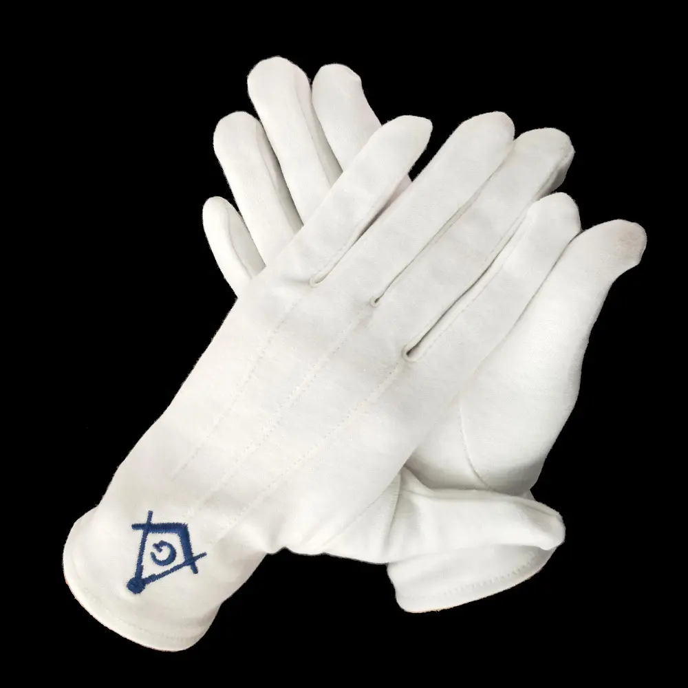 White Low Moq Custom Free Size Daily Life Soft Masonic Gloves 100% Cotton With Square Compass and G Gloves