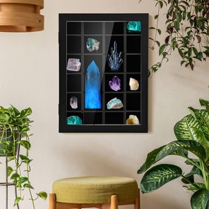 Vitrine murale verrouillable à LED avec étagères amovibles pour roches, <span class=keywords><strong>minéraux</strong></span>, <span class=keywords><strong>cristaux</strong></span> <span class=keywords><strong>et</strong></span> objets de collection, cadre type boîte à ombre - Product Image 6