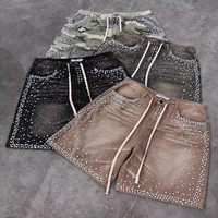 Soldes : Short en jean baggy pour homme, taille mi-haute, tissé, orné de strass, délavé, avec cordon de serrage, détails perles, style Y2K, streetwear, décontracté, été, quotidien