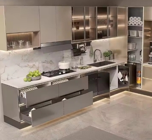 Gabinetes de Cocina Modernos y Lujosos Personalizados, Lacado Metálico Gris Dorado de Alto Brillo, MDF, Vidrio, Isla Abierta, Diseño Paralelo - Product Image 3