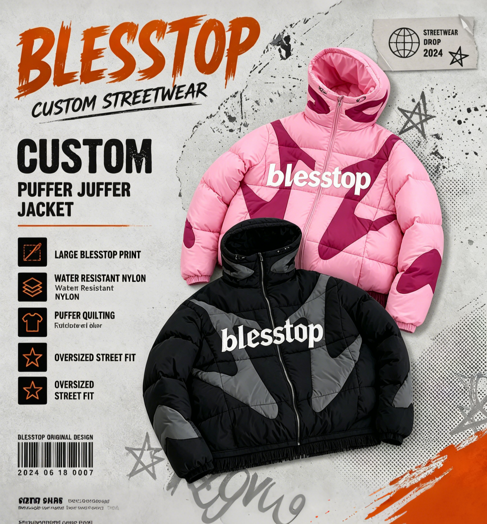 Power Punch BlessTop Custom Color Block Puffer Jacket Men Oversized Hooded Winter