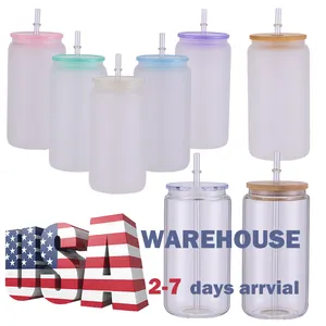 USA Warehouse Stocked RTS 16oz Sublimation Glass Can Clear Frosted Sublimation Blank Mason Soda Beer Cups White PP Bamboo Lid
