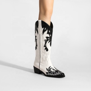 Bottes de cowboy à bout pointu de style vintage en relief pour femmes bottes au genou à motif floral pour dames toutes les saisons - Product Image 2