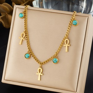 Golden Turquoise Ankh Pendant Necklace Gold Plated Stainless Steel Clavicle Chain Daily Wear Fashion Jewelry - Product Image 1