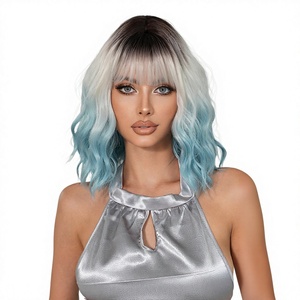 Perruque synthétique complète pour <span class=keywords><strong>femme</strong></span>, <span class=keywords><strong>coupe</strong></span> bob courte bouclée de 12 pouces, bleue naturelle et volumineuse, avec <span class=keywords><strong>frange</strong></span>, pour le marché international. - Product Image 1