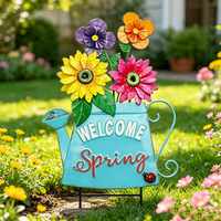 Piquet de jardin en métal avec arrosoir et fleurs, motif 'Bienvenue Printemps', pour porche avant, patio, pelouse et parterre de fleurs
