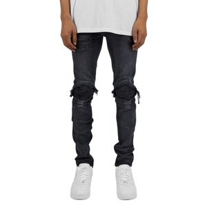 MC BUILD <span class=keywords><strong>Pantalon</strong></span> <span class=keywords><strong>skinny</strong></span> en denim de style streetstyle personnalisé déchiré Jeans de motard avec genouillère Jeans délavés à coupe droite - Product Image 4