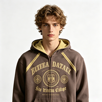 Sweat-shirt à capuche zippé épais pour homme, style streetwear Dirty Spray, marron, avec imprimé graphique à blocs de couleur contrastés, en coton, fabricant