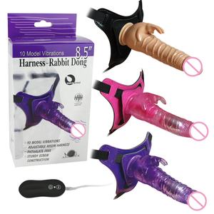 Correa en conejo consolador vibrador juguetes sexuales <span class=keywords><strong>para</strong></span> sexo lésbico consolador vibrador portátil <span class=keywords><strong>para</strong></span> mujer 8,5 "arnés conejo Dong - Product Image 1